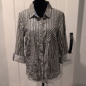 Tommy Hilfiger Tailored Fit Metallic Striped Button-Down Blouse, Size Medium